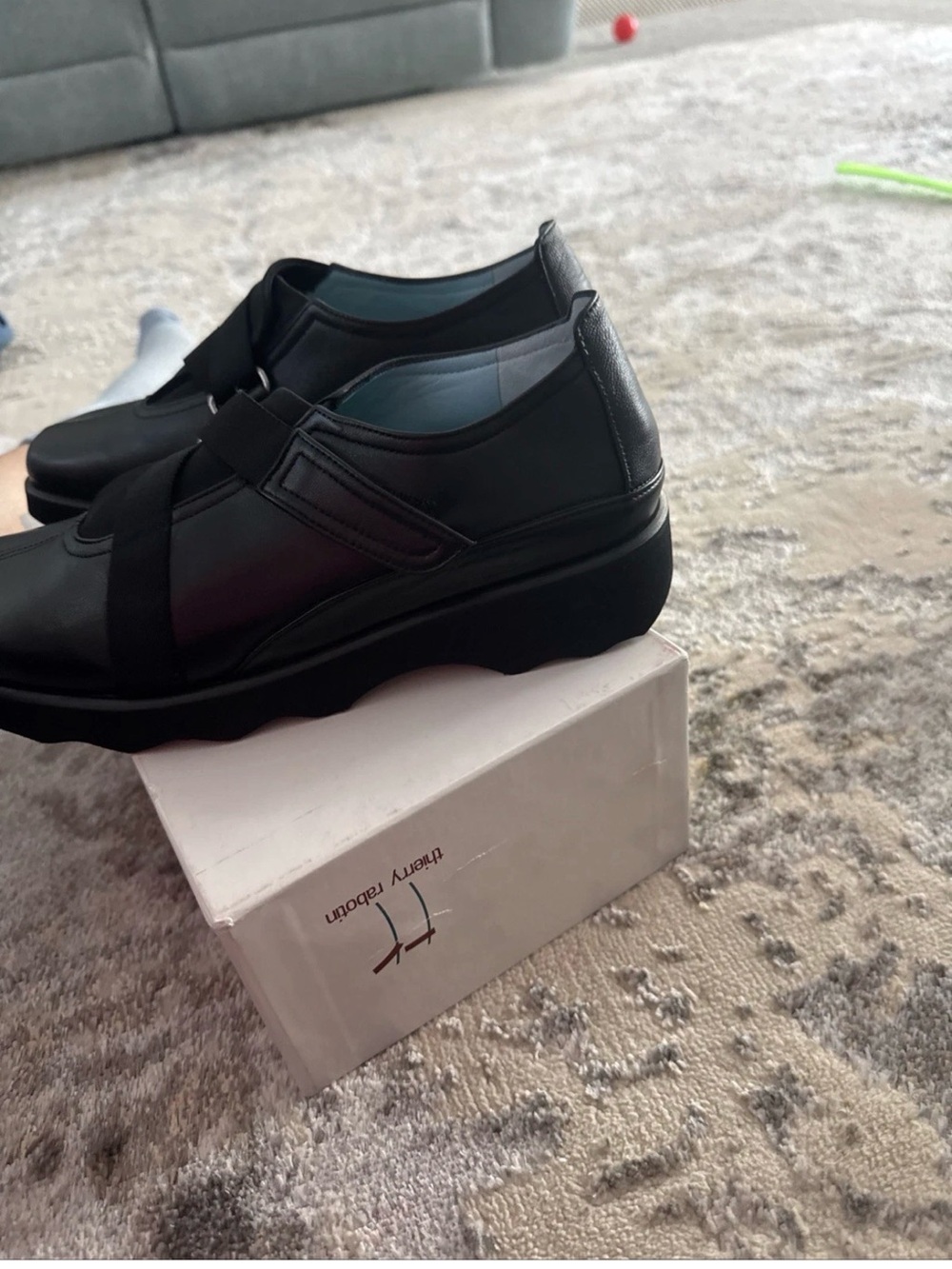 Thierry Rabotin Black Leather Slip-On Loafers with Cross Strap